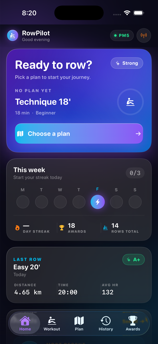 RowPilot home screen — Ready to row? Pick a plan to start your journey.